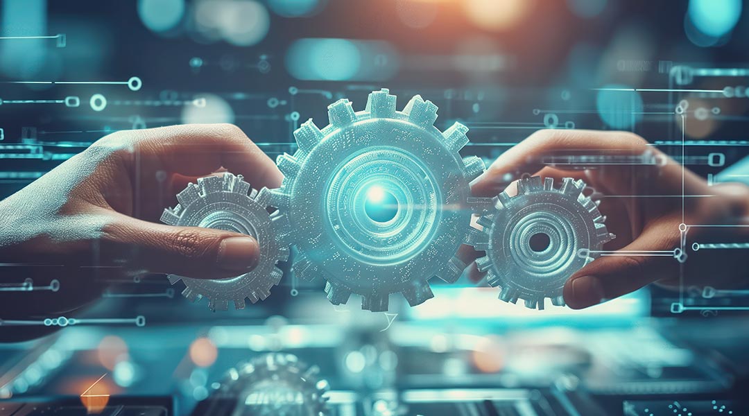 Human hands holding cogwheels together on abstract background. Teamwork and business concept.