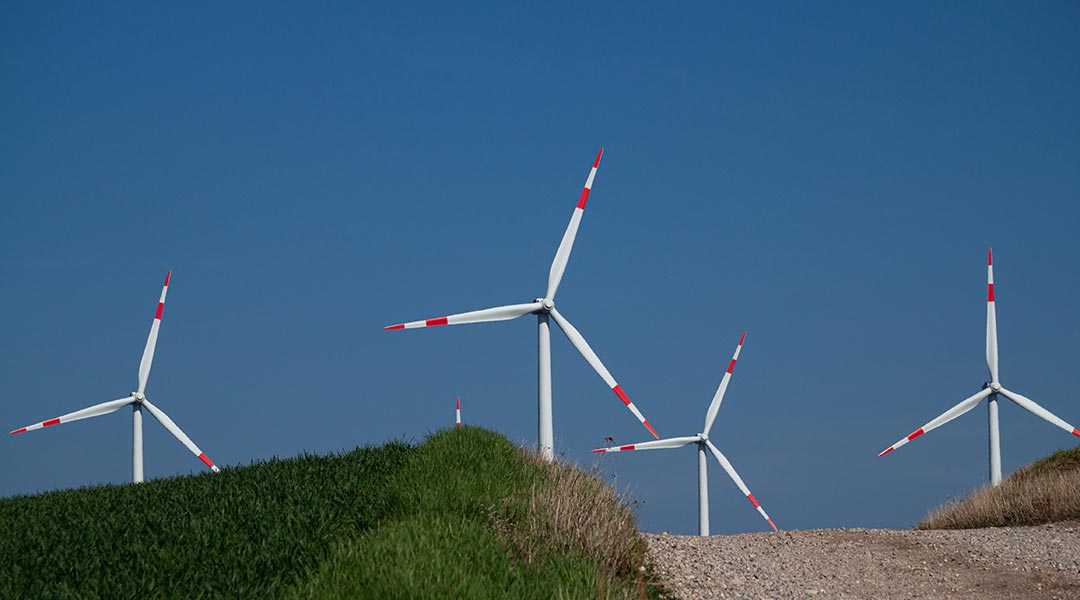 Wind farm in front of blue sky with green meadow and right lying