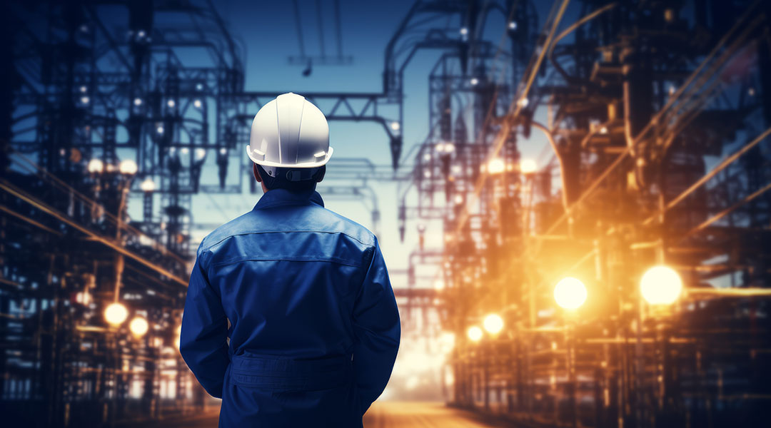 Back view of professional electrical engineer on energy station